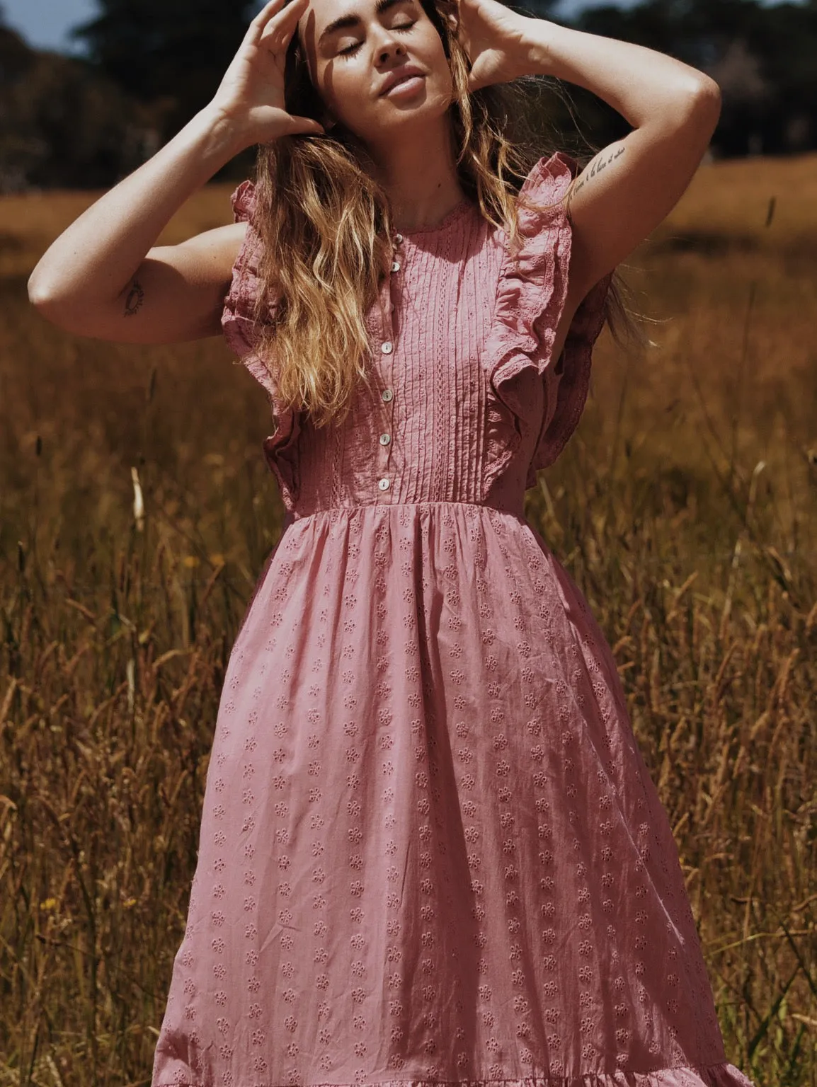 100% RECYCLED COTTON - ARLINGTON DRESS DUSTY PINK BUTTON THROUGH