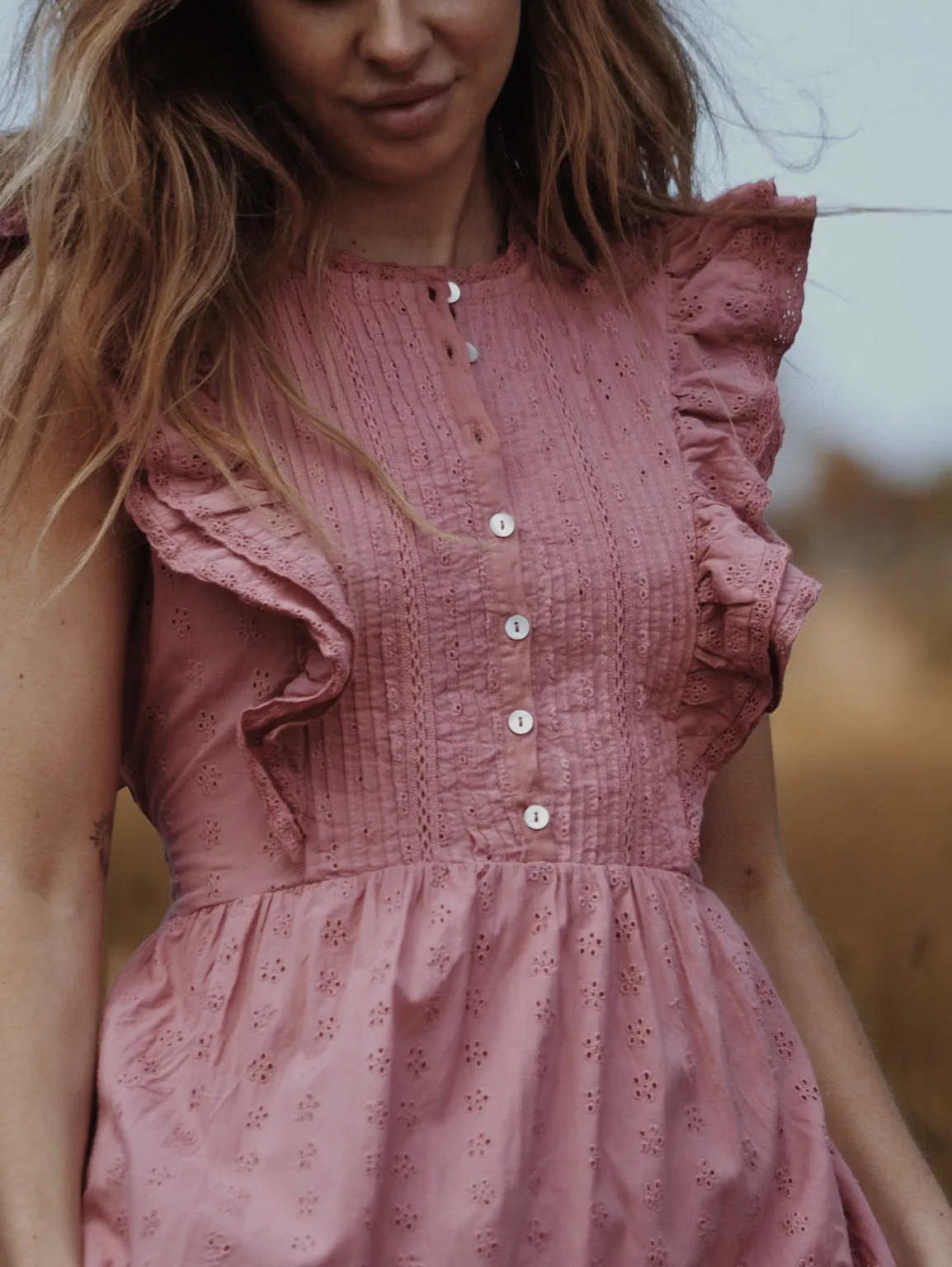 100% RECYCLED COTTON - ARLINGTON DRESS DUSTY PINK BUTTON THROUGH