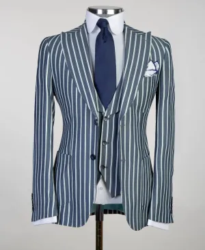 3 pieces Business Blue Striped Suit