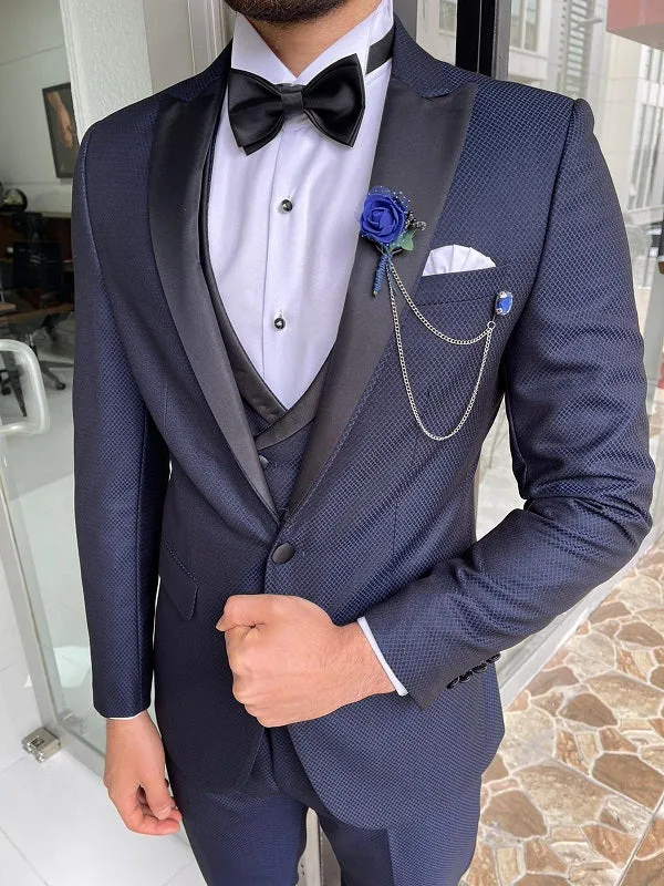 Abruzzo Navy Blue Slim Fit Peak Lapel Wool Tuxedo