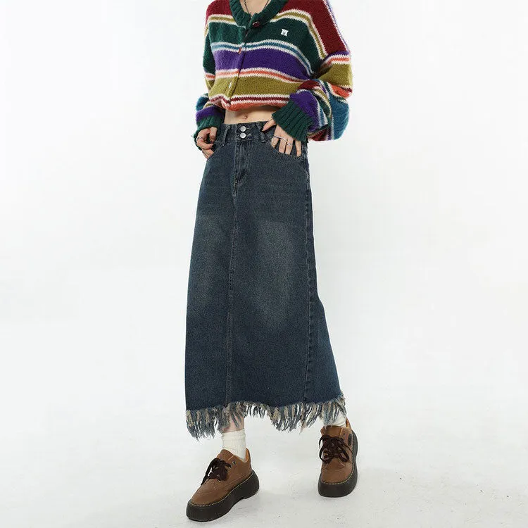 Aesthetic Long Denim Fringe Skirt