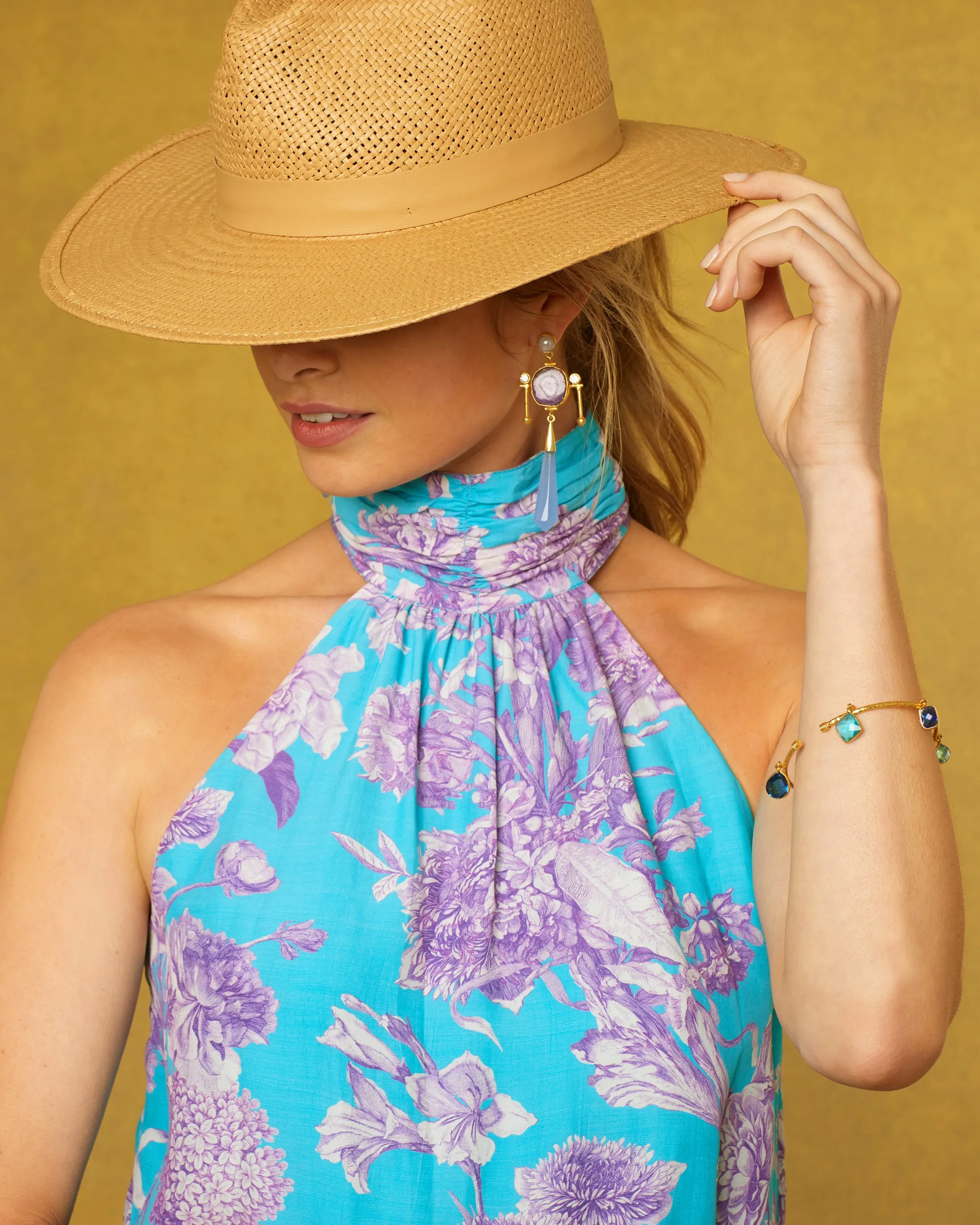 Alexis Halter Top in Turquoise and Purple Floral Toile