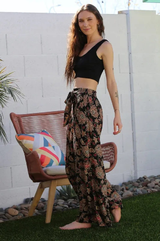 Angie Floral Boho Wide Leg Belted Ankle Pants - Black