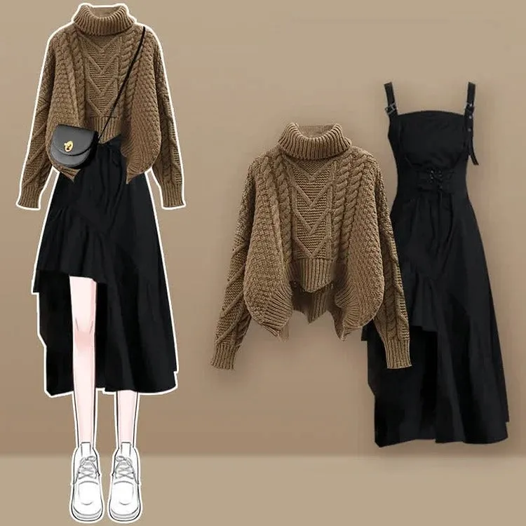 Arrow Turtleneck Knit Sweater Lace Up Irregular Slip Dress Two Piece Set