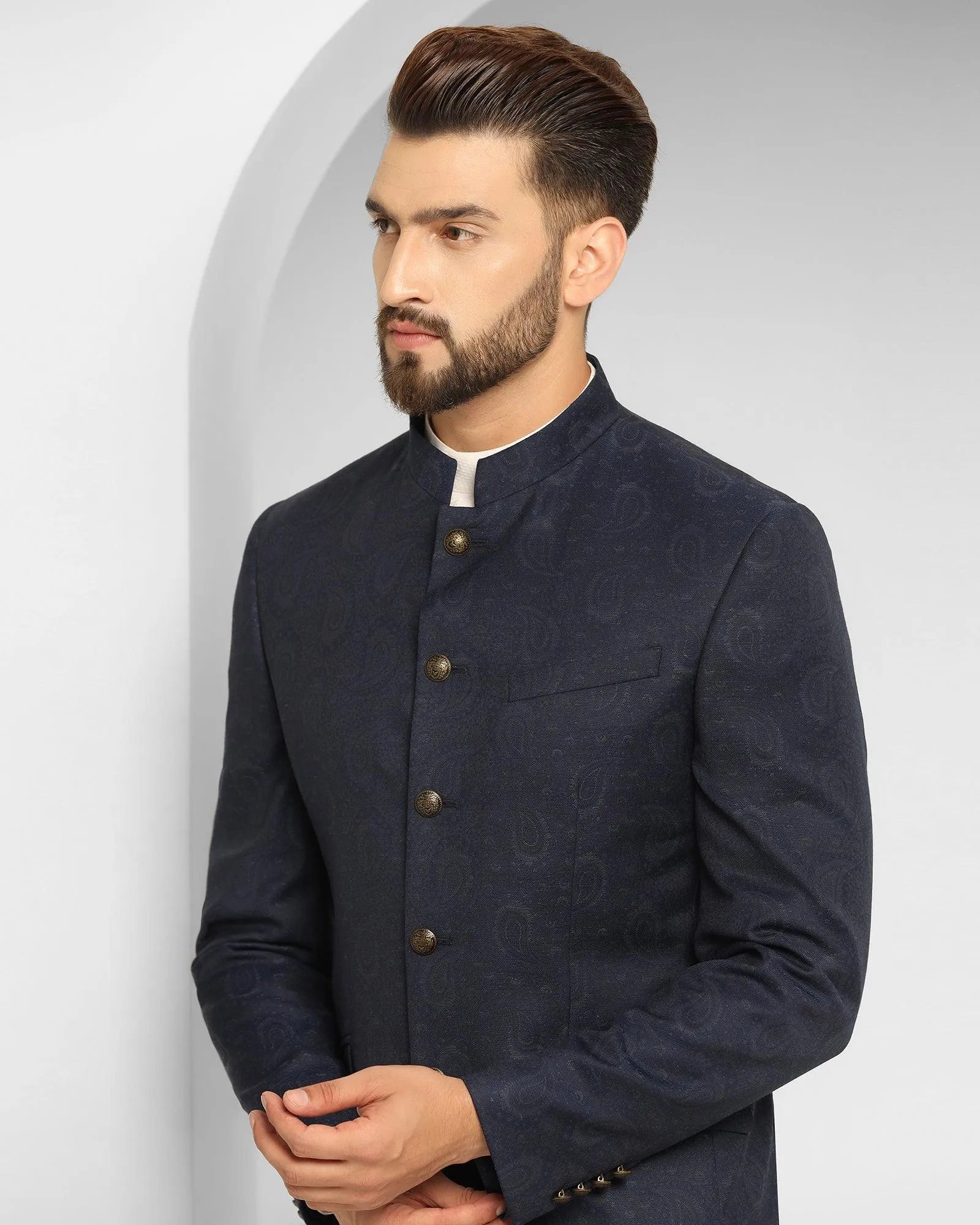 Navy Bandhgala Two-Piece Formal Suit with Prints - Edward