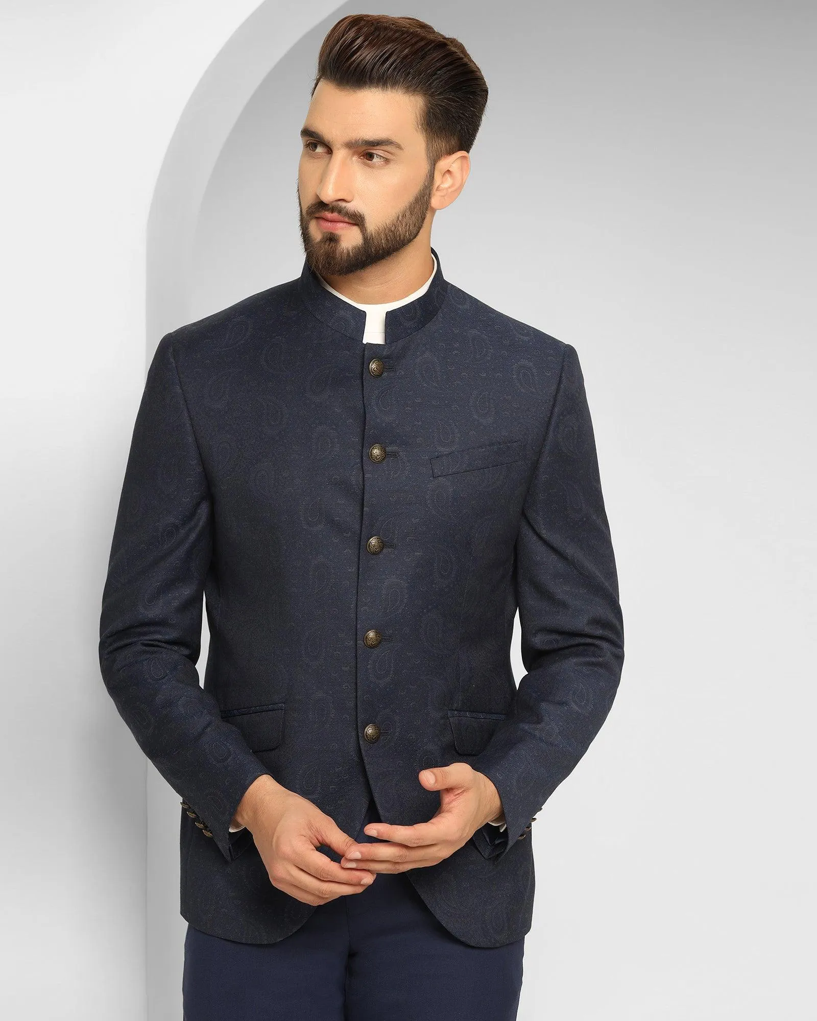 Navy Bandhgala Two-Piece Formal Suit with Prints - Edward