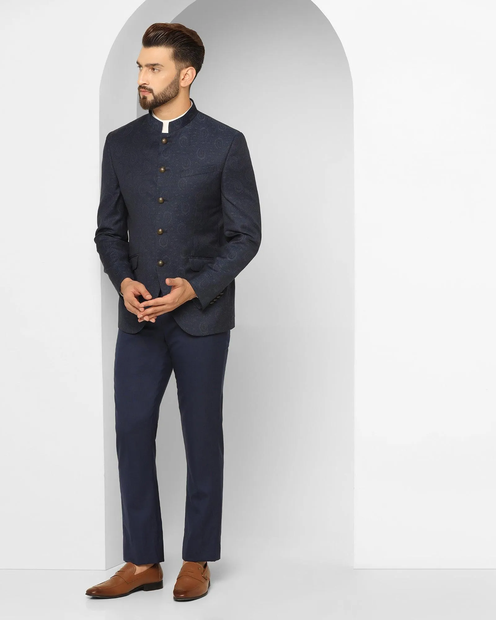 Navy Bandhgala Two-Piece Formal Suit with Prints - Edward