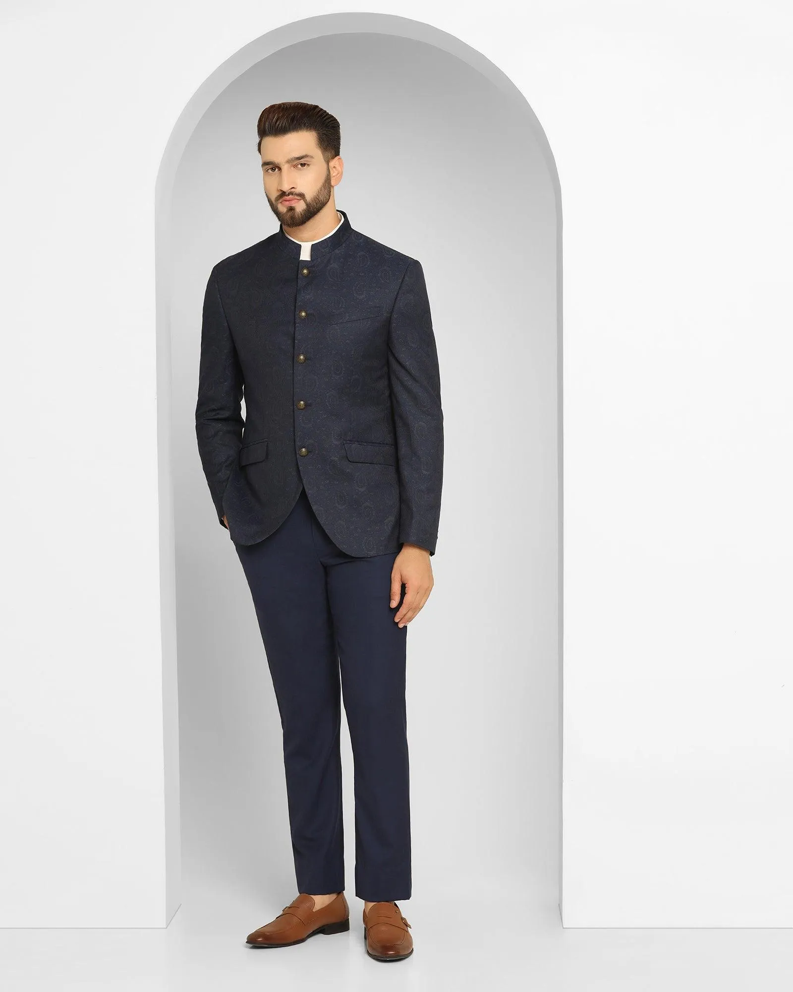 Navy Bandhgala Two-Piece Formal Suit with Prints - Edward