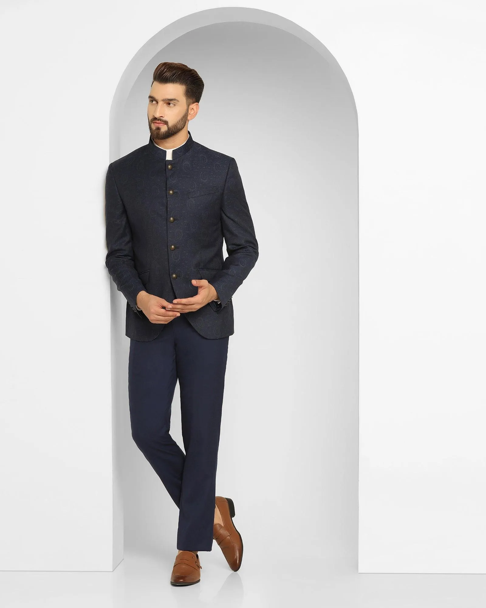 Navy Bandhgala Two-Piece Formal Suit with Prints - Edward