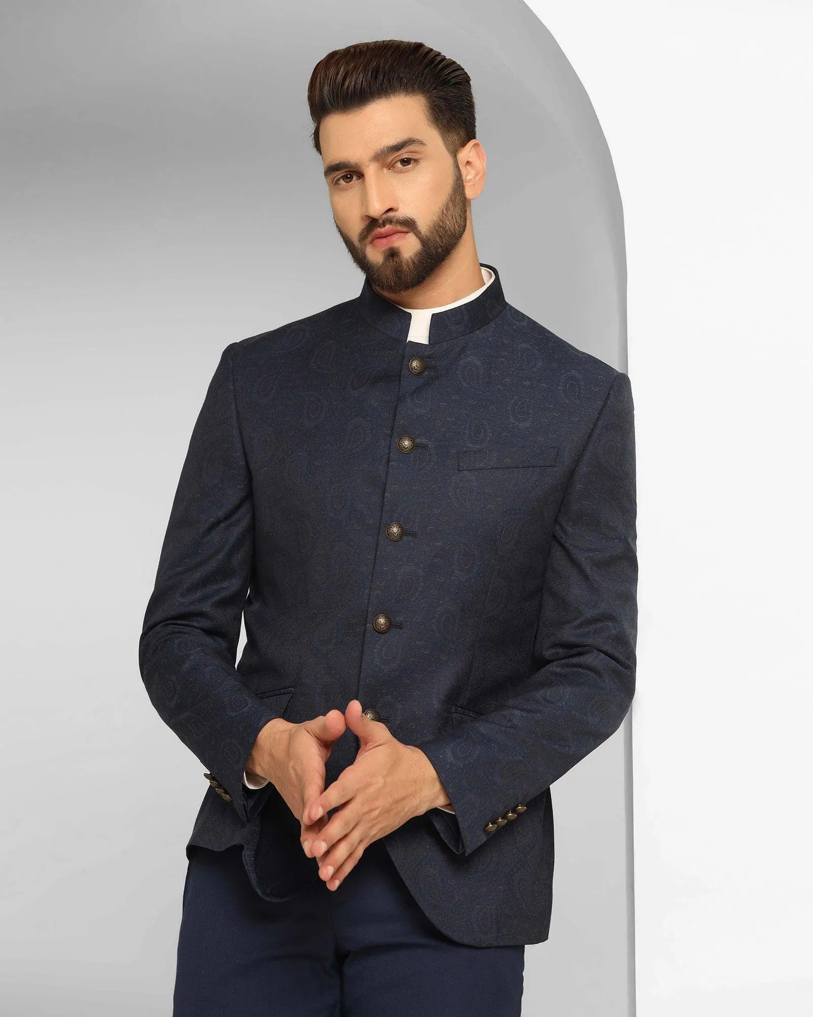 Navy Bandhgala Two-Piece Formal Suit with Prints - Edward