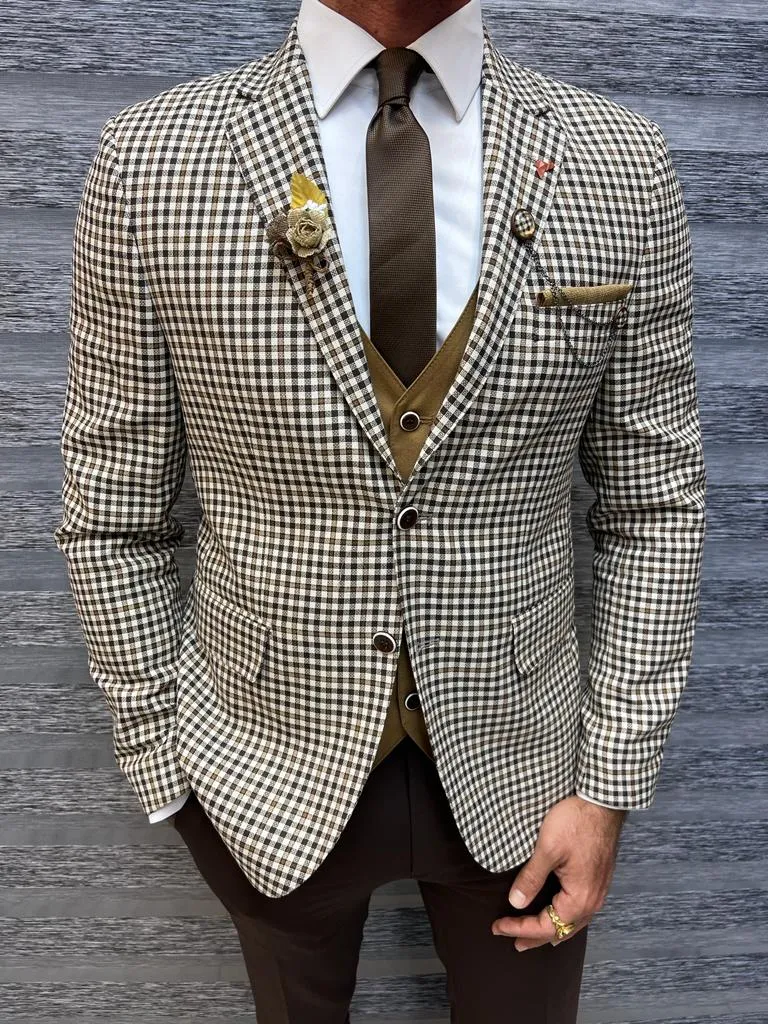 Bojoni Shagori Slim Fit Plaid Brown  Suit