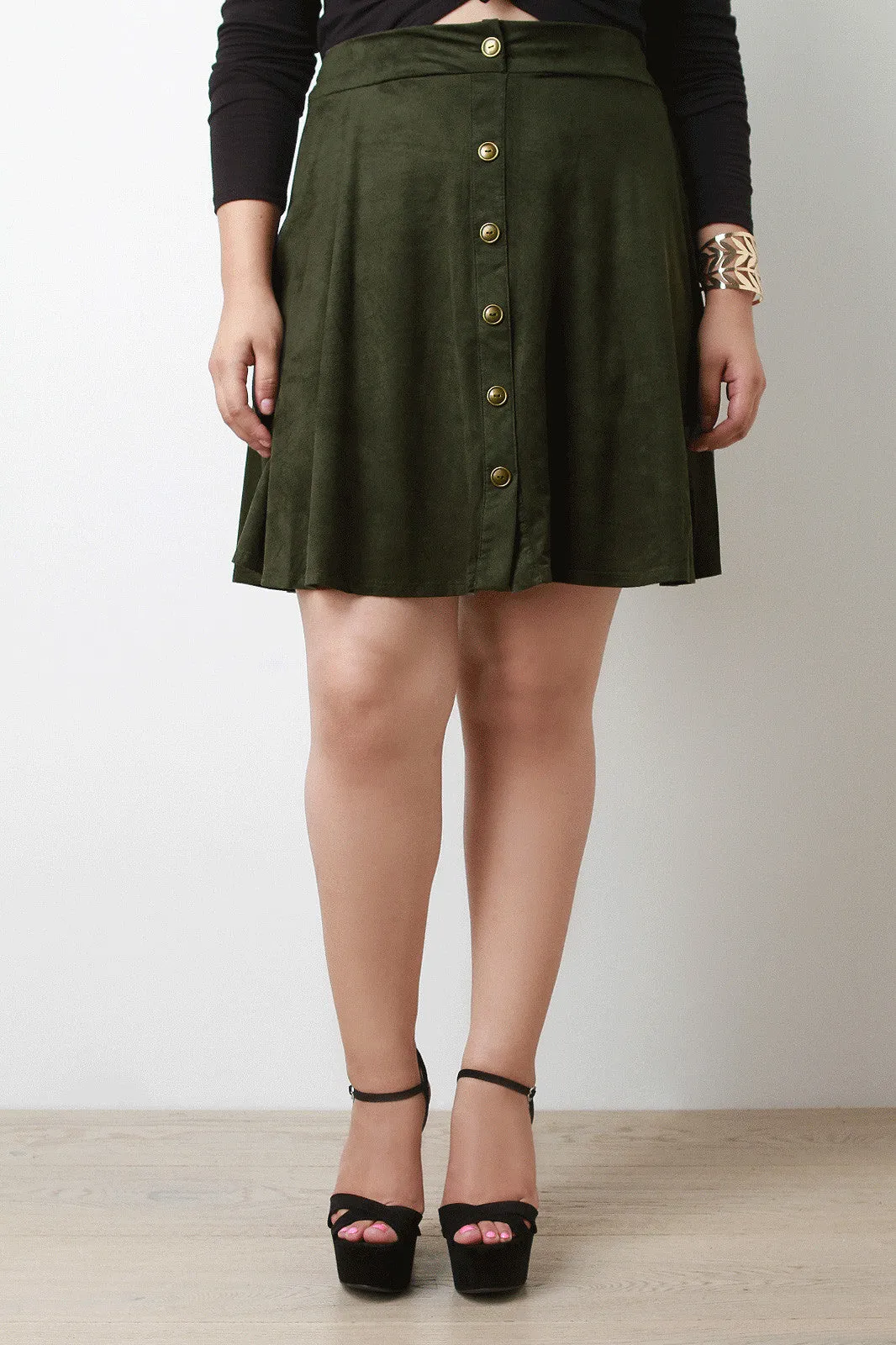 Button Down Suede A-Line Skirt