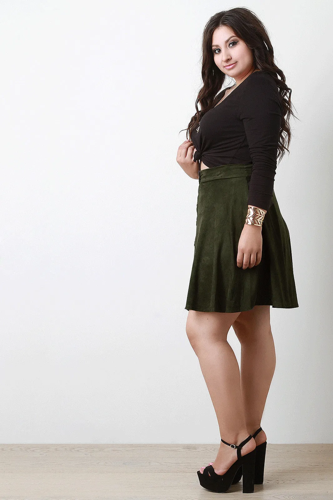 Button Down Suede A-Line Skirt