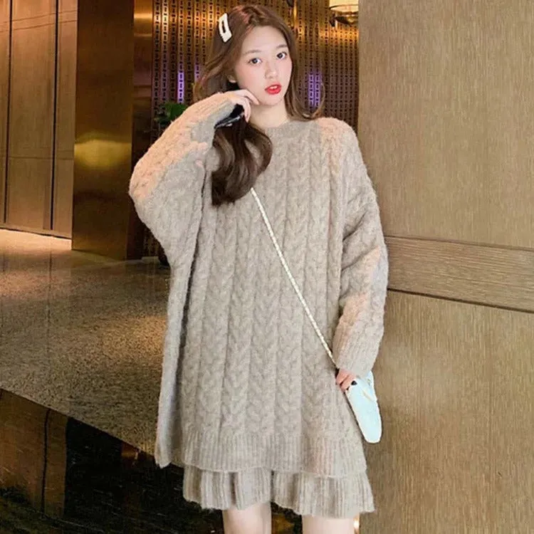 Chic Pure Color Cable Knit Sweater Flouncing Skirt Two Piece Set