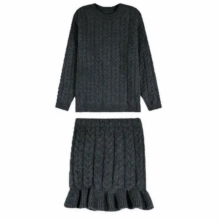 Chic Pure Color Cable Knit Sweater Flouncing Skirt Two Piece Set