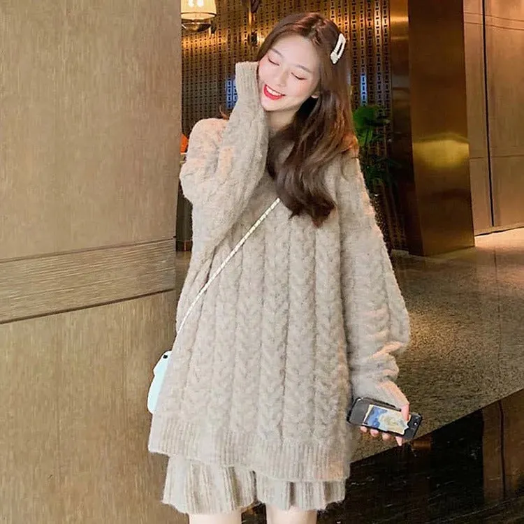 Chic Pure Color Cable Knit Sweater Flouncing Skirt Two Piece Set