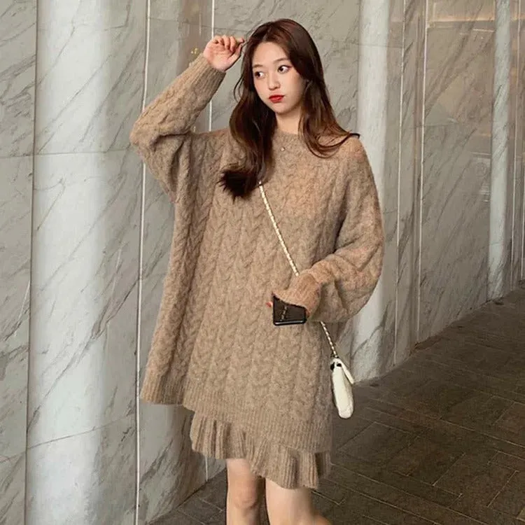 Chic Pure Color Cable Knit Sweater Flouncing Skirt Two Piece Set