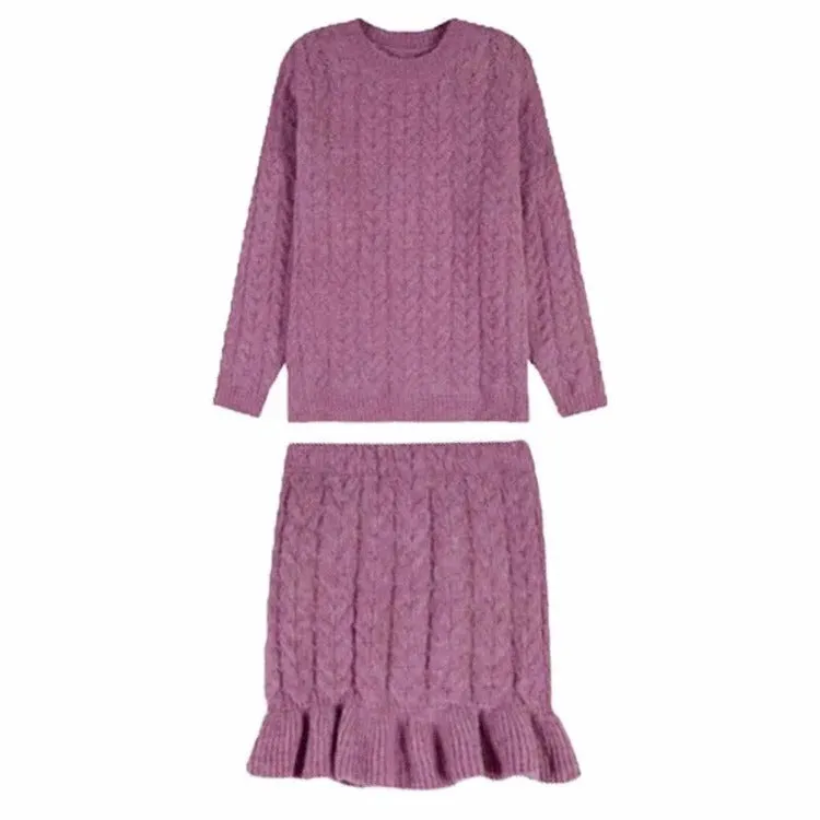 Chic Pure Color Cable Knit Sweater Flouncing Skirt Two Piece Set