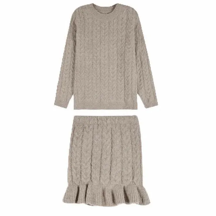 Chic Pure Color Cable Knit Sweater Flouncing Skirt Two Piece Set