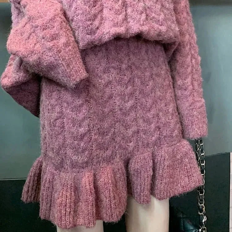 Chic Pure Color Cable Knit Sweater Flouncing Skirt Two Piece Set