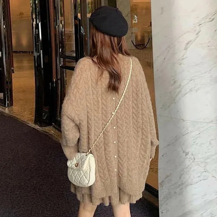 Chic Pure Color Cable Knit Sweater Flouncing Skirt Two Piece Set