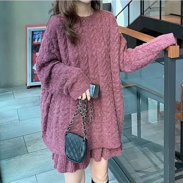 Chic Pure Color Cable Knit Sweater Flouncing Skirt Two Piece Set