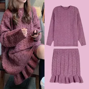 Chic Pure Color Cable Knit Sweater Flouncing Skirt Two Piece Set