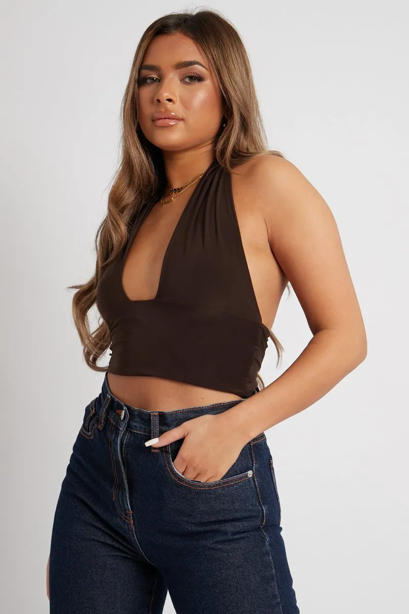 Chocolate Halter Neck Slinky Crop Top - Jessabel