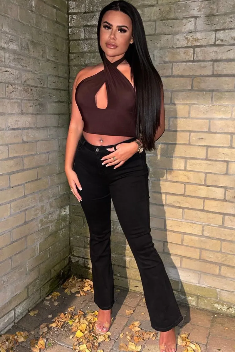 Chocolate Halter Neck Slinky Crop Top - Jessabel