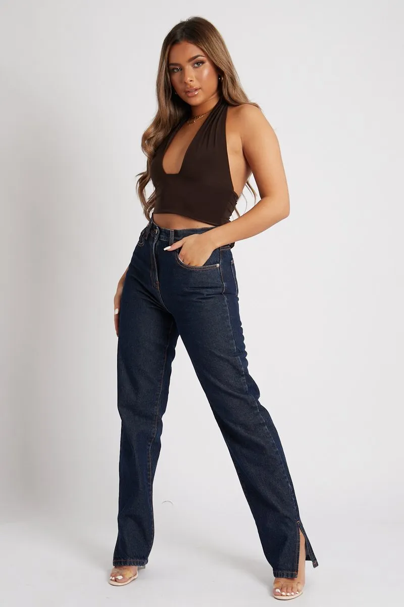 Chocolate Halter Neck Slinky Crop Top - Jessabel