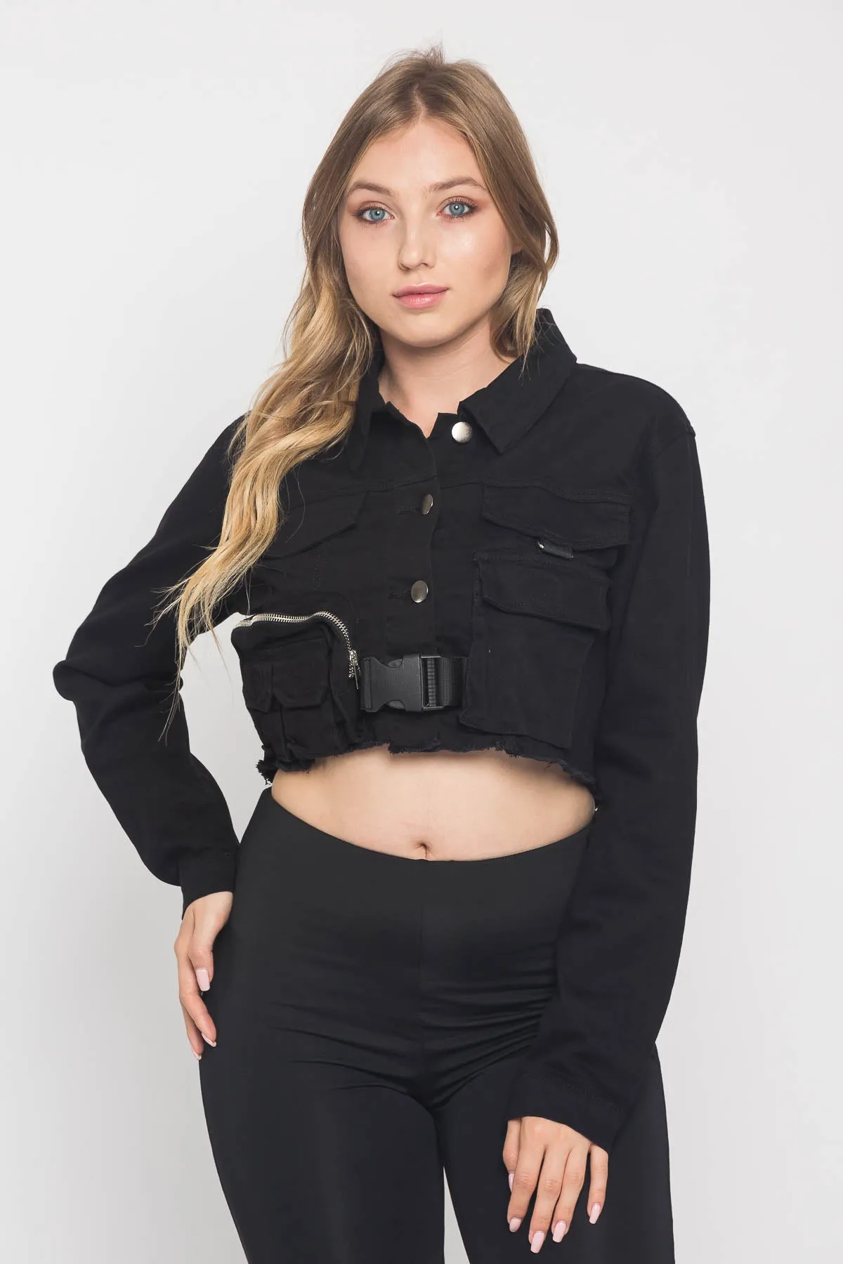 Cropped Military Style Pocket Shirt Jacket