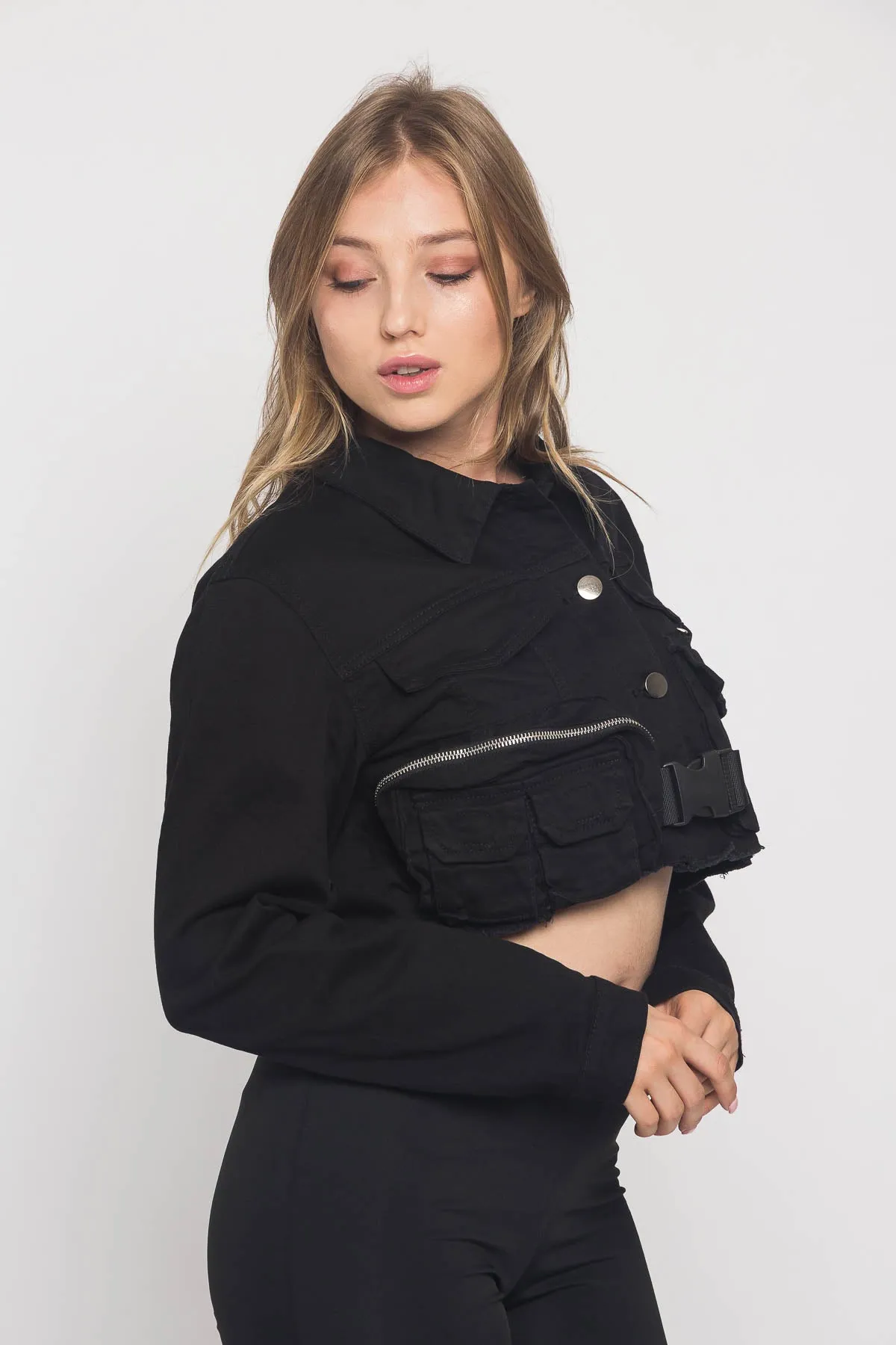 Cropped Military Style Pocket Shirt Jacket