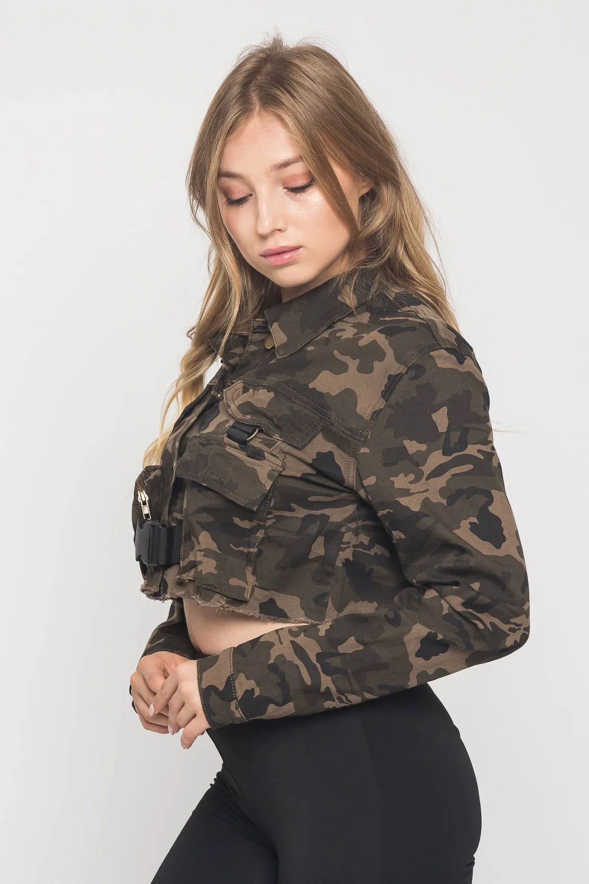 Cropped Military Style Pocket Shirt Jacket