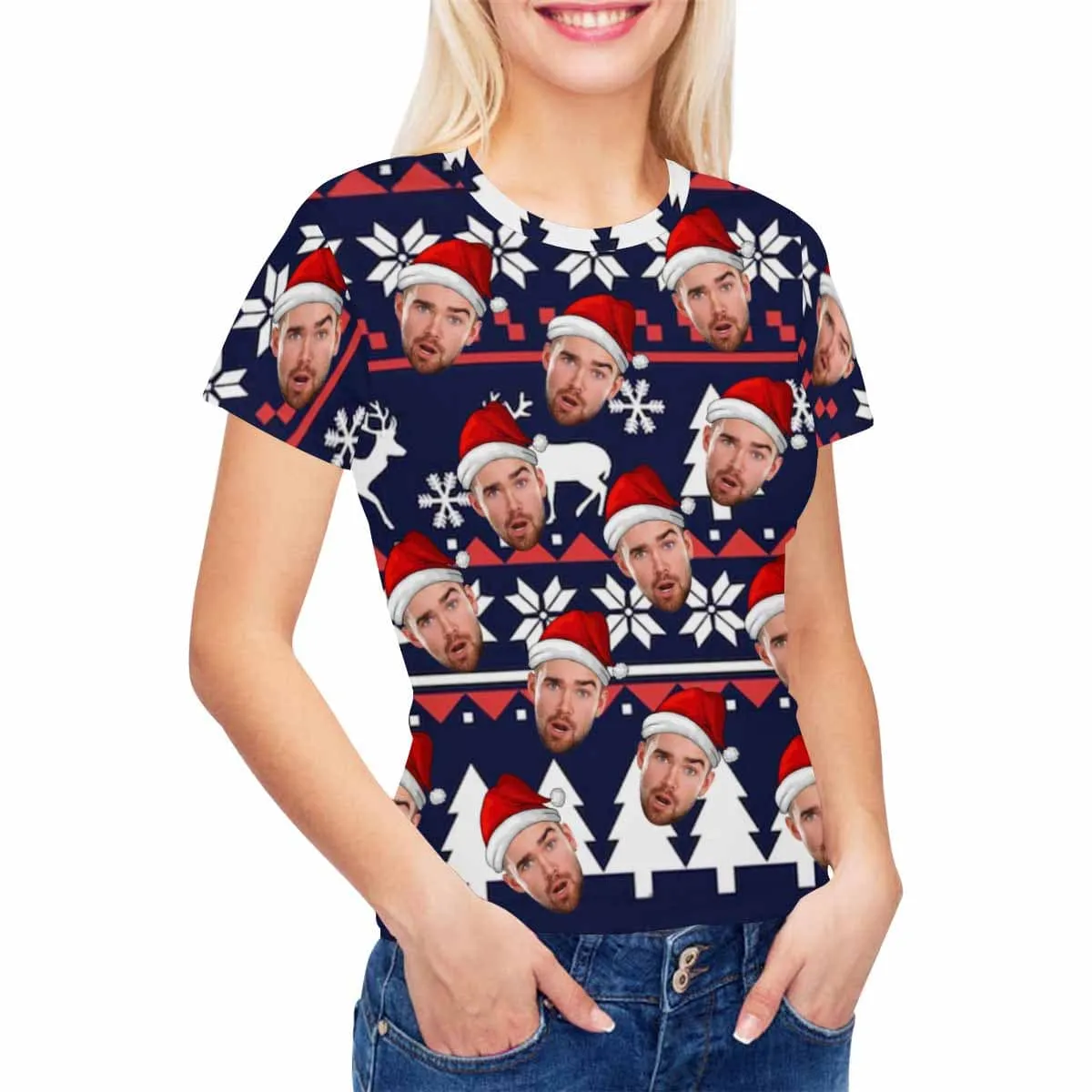 Custom Face Blue Christmas Tree Women's T-shirt