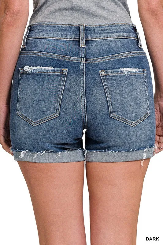 DISTRESSED CUFFED RAW HEM DENIM SHORTS