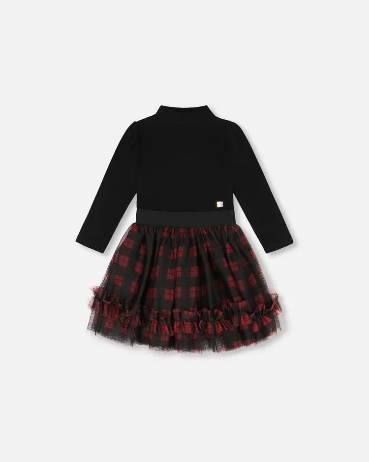 DPD Black Buffalo Plaid Mock Neck Dress with Tulle Skirt