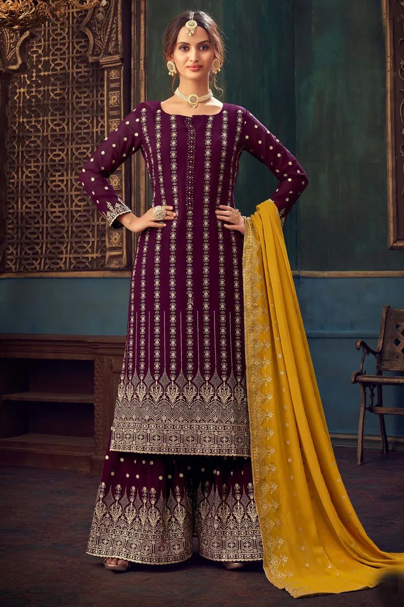 Festive Wine Faux Georgette Pakistani Sharara Suit