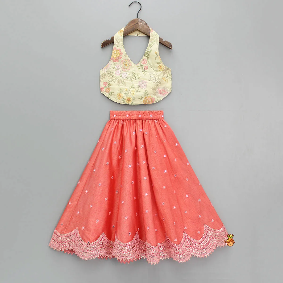 Floral Thread Embroidered Halter Neck Top And Peach Lehenga