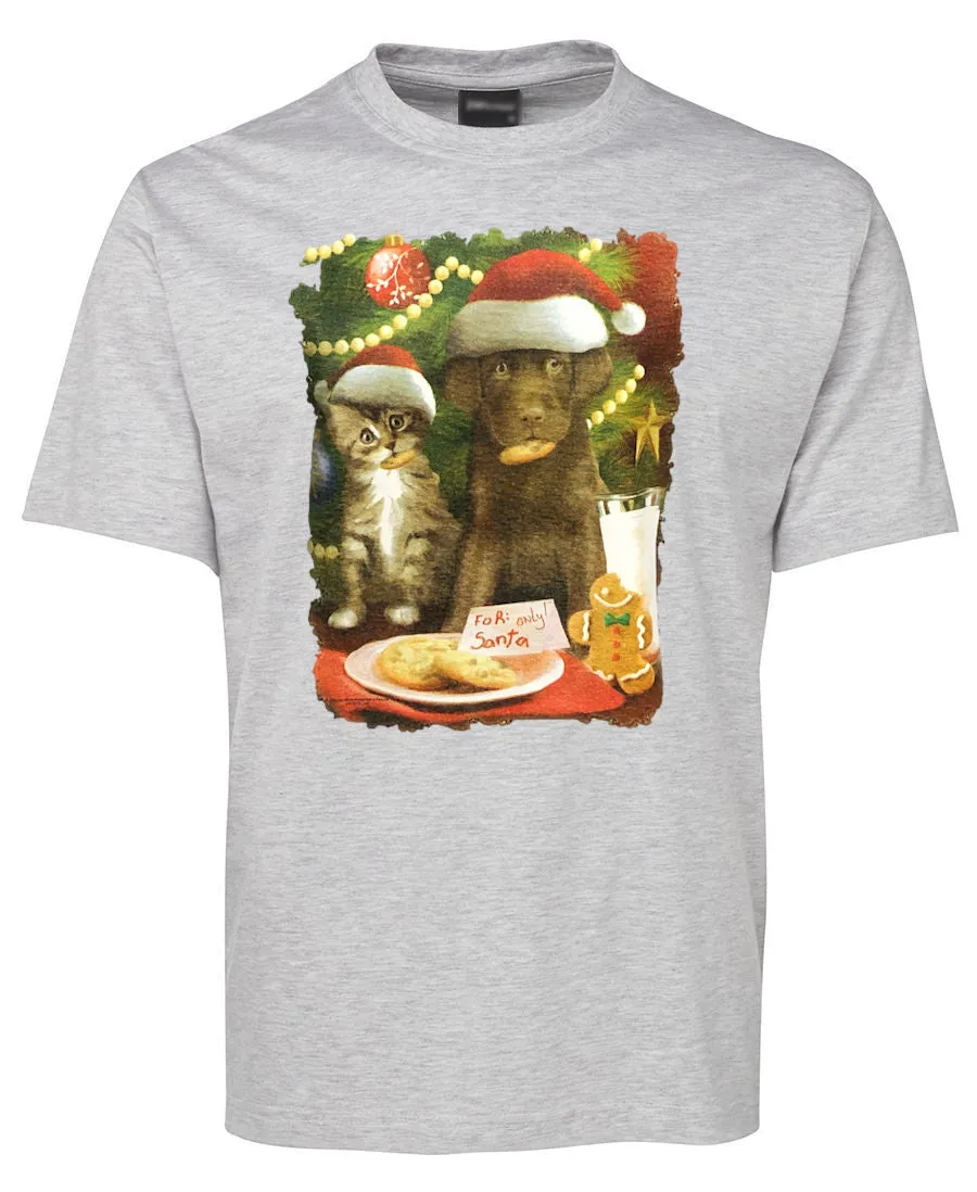 For Santa Kitten & Puppy Christmas T-Shirt (Snow Grey)