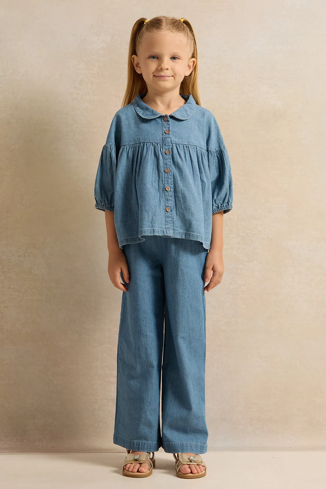 Girls Blue Denim Wide Leg Trousers