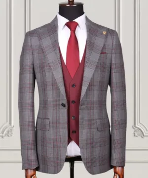 Grey Brown Check Slim Fit Suit