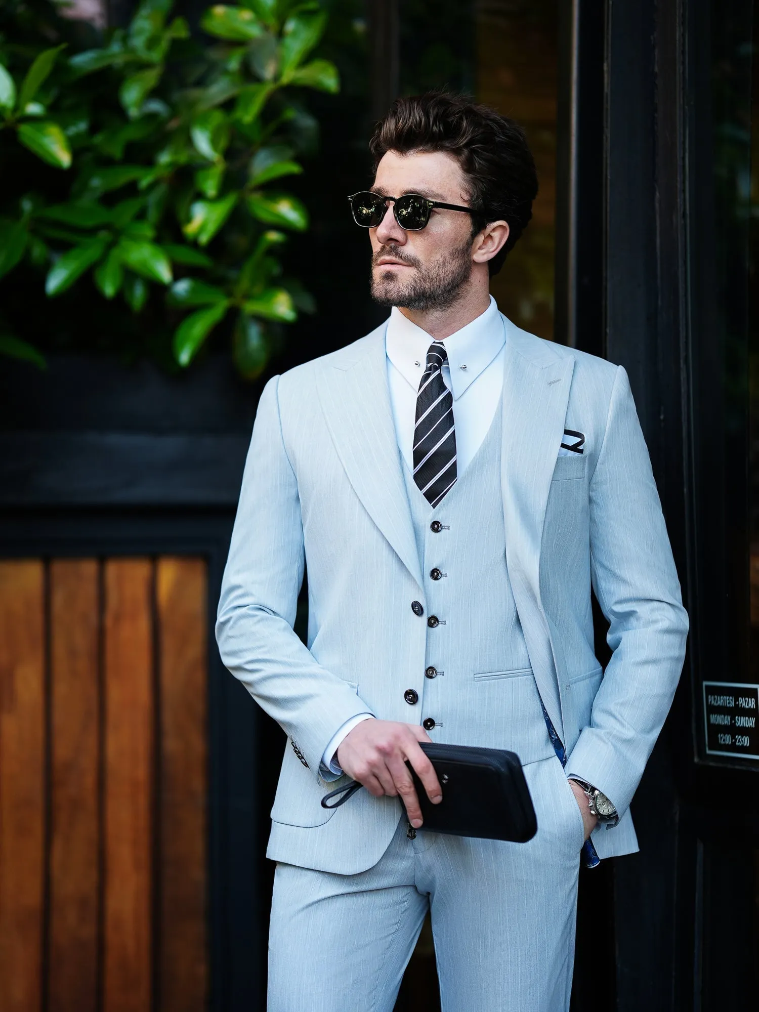 Grey Striped Slim-Fit Suit 3-Piece