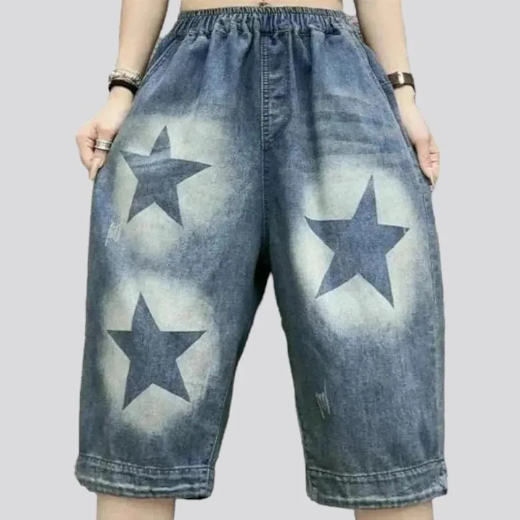 High-waist stars-print jean shorts for ladies