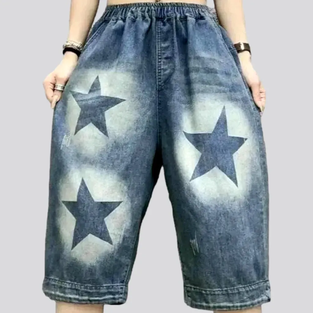 High-waist stars-print jean shorts for ladies