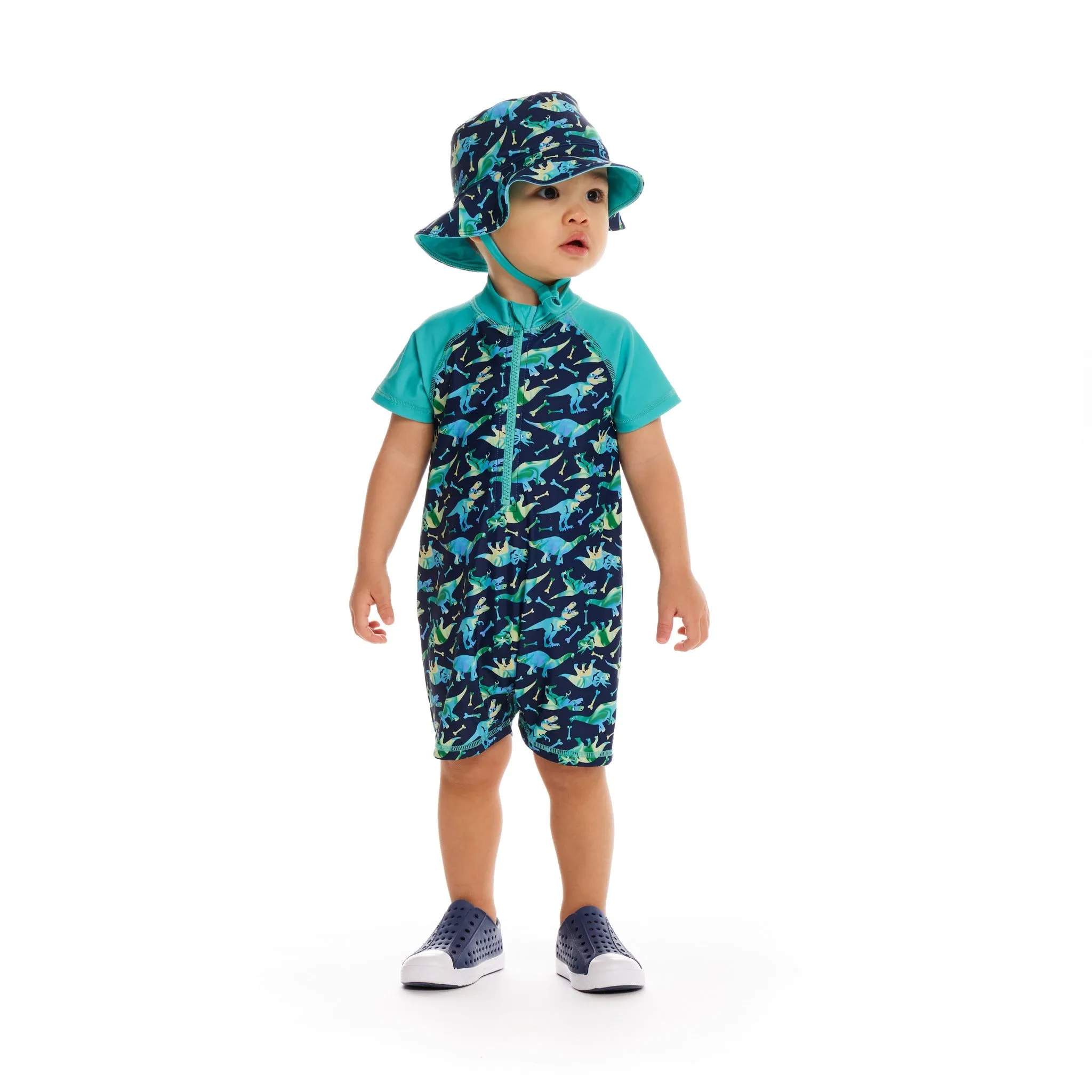 Infant Dino Print Swim Romper And Hat