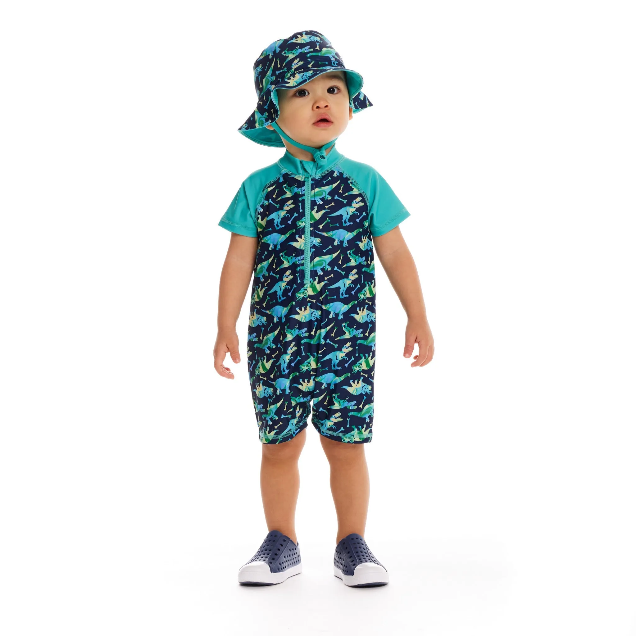 Infant Dino Print Swim Romper And Hat