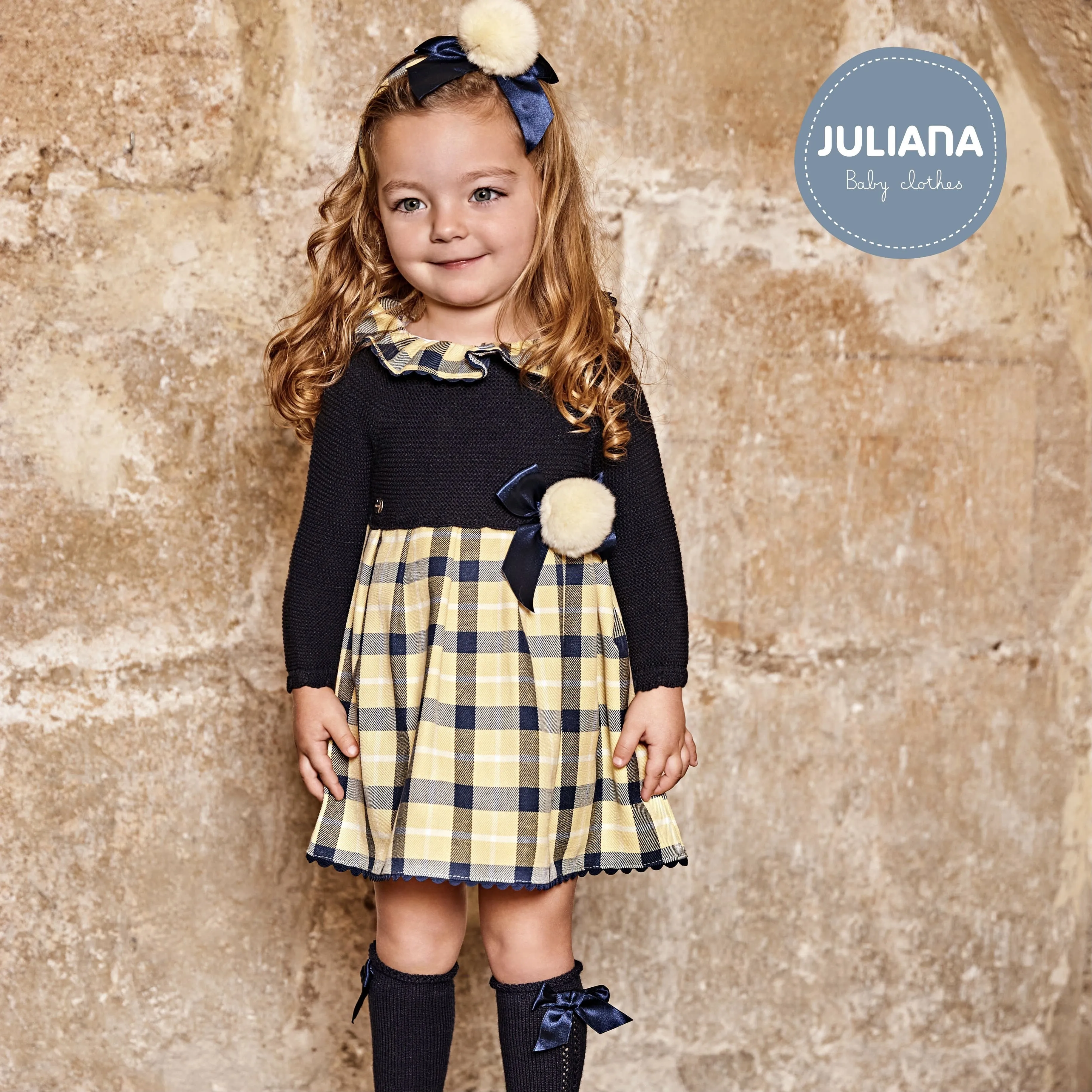 Juliana - Check Pom Pom Dress - Navy