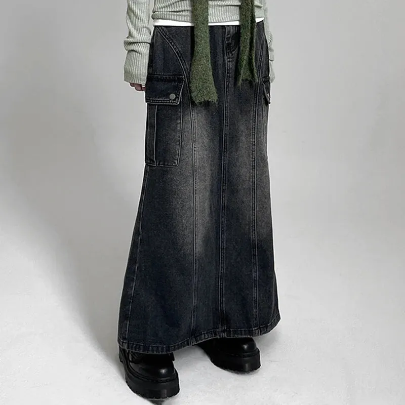 Korean Fashion Straight Loose Denim Skirt Women Cargo Style Pockets Distressed Long Skirt Harajuku Slit Stitching