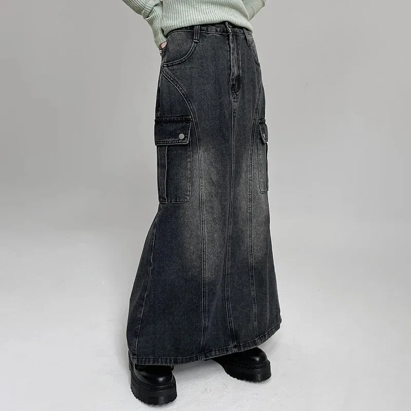 Korean Fashion Straight Loose Denim Skirt Women Cargo Style Pockets Distressed Long Skirt Harajuku Slit Stitching