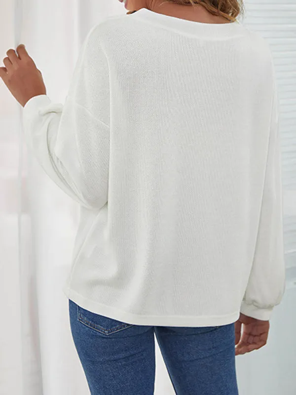 Long Sleeves Loose Buttoned V-Neck T-Shirts Tops